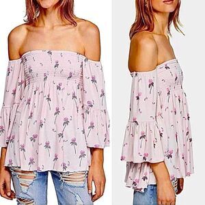 Free People Lana cloudberry, pink floral Rusching Off Shoulder Tunic NWOT large